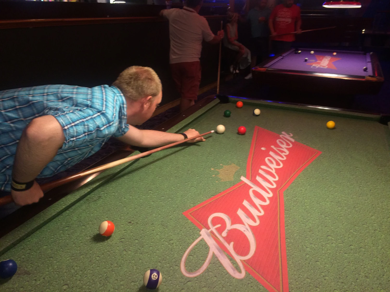 A man lining up a shot at a pool table