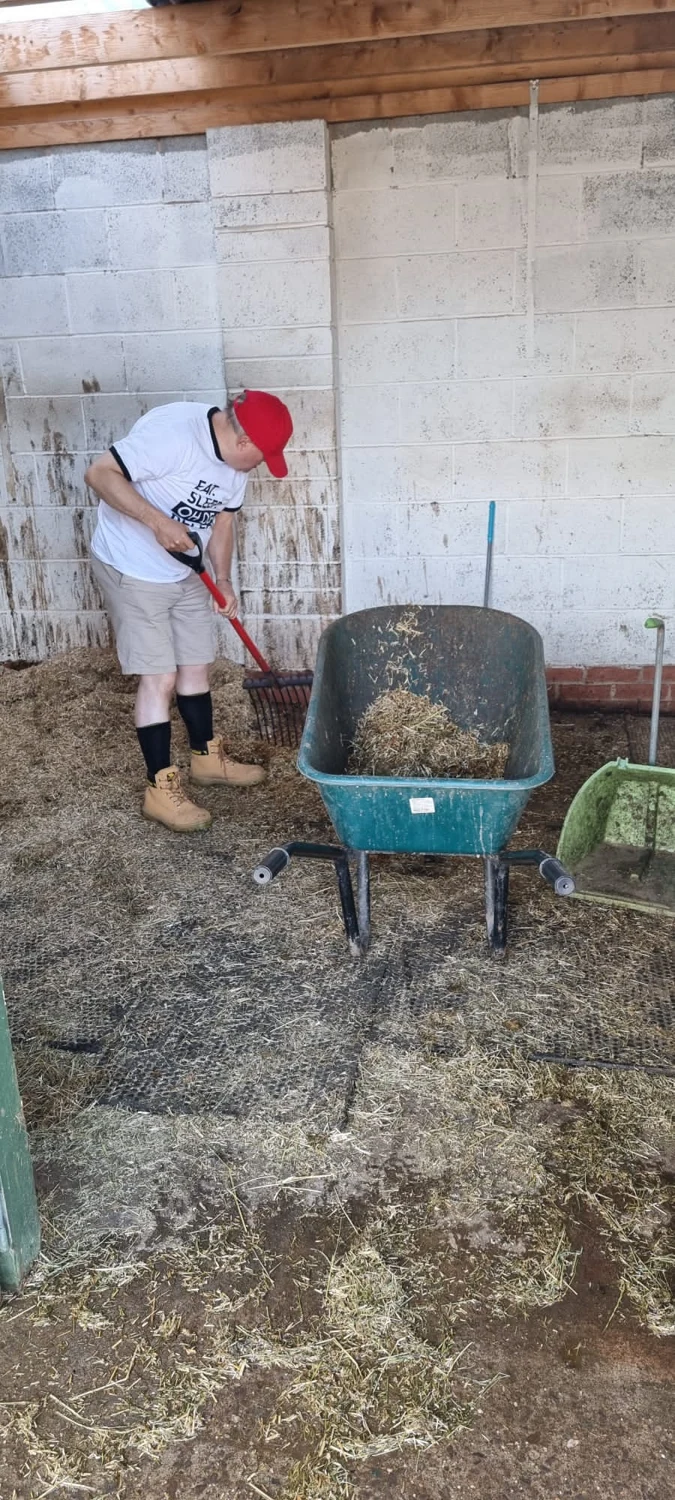 A person moving bedding into a wheelbarrow