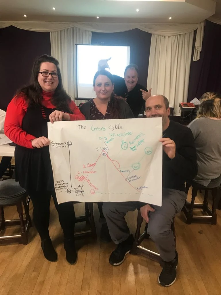 Three people holding a large illustrated poster